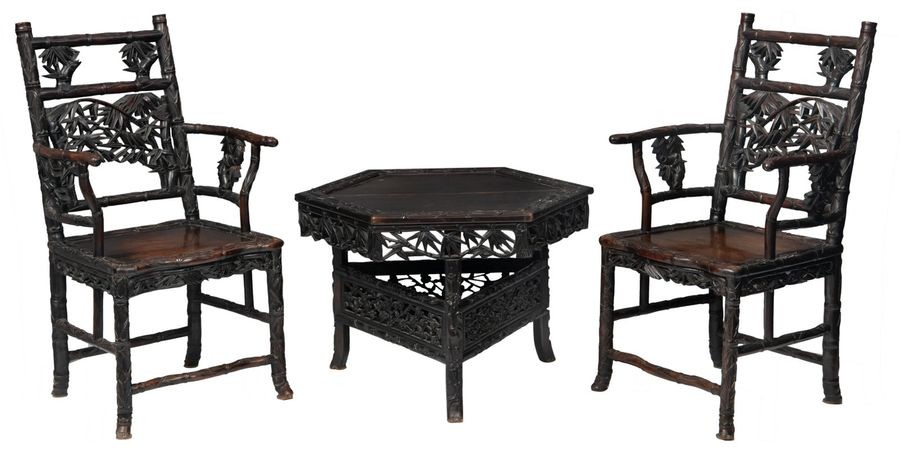 A Chinese bamboo-shaped exotic hardwood furniture set, consisting...