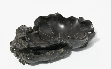 A Chinese carved wood lotus brush bowl