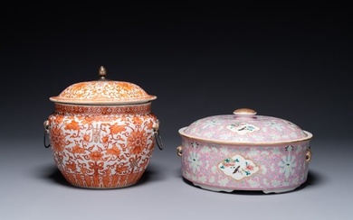 A Chinese iron-red-decorated covered bowl and a famille rose covered bowl, 19th C.