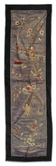 A Chinese silk embroidered panel, late 19th century, decorated with children in a garden landscape, 89 x 22cm
