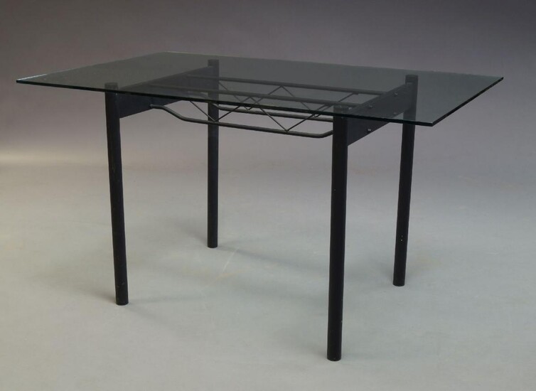 A Contemporary glass and black anodised steel dining table, with...