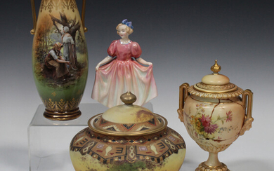 A Continental vase and cover, early to mid-20th century, the bulbous body painted with a blush lands