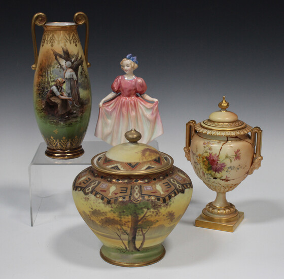 A Continental vase and cover, early to mid-20th century, the bulbous body painted with a blush lands