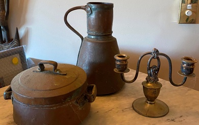 A Copper Lidded Pot & Jug & a Silver Plate Candelabra