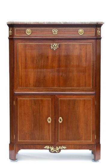 A Dutch ormolu-mounted and brass-banded mahogany and padouk secretaire à abattant