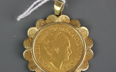 A Dutch ten guilder gold coin in a yellow metal (tested minimum 9ct gold) mount, dated 1925.