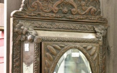 A FRENCH PRESSED COPPER HALLWAY MIRRORED CABINET, 19TH CENTURY, 67CM HIGH