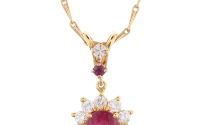 A French 18ct gold ruby and diamond flowerhead cluster penda...