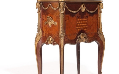 A French rosewood secretaire, gilt bronze mountings casted with rams heads, bows and rocailles. Circa 1900. H. 110. W. 80. D. 46 cm.