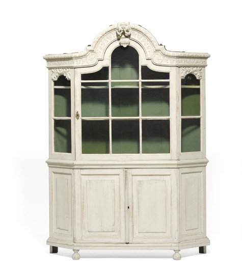 A French white painted oak vitrine cupboard. 19th century. H. 215 cm. W. 173 cm. D. 40 cm.