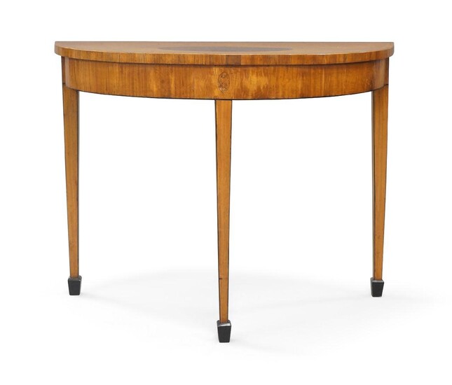 A George III satinwood demi lume console table, with oval figured walnut inlay to top, raised on square tapered legs and spade feet, 76cm high, 97cm wide, 43cm deep