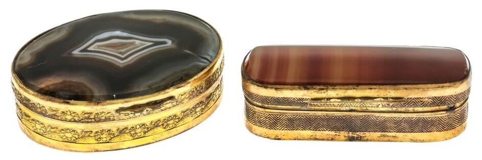 A Gilt Metal Pill Box Set with banded agate, and similar rectangular example with hinged inter...