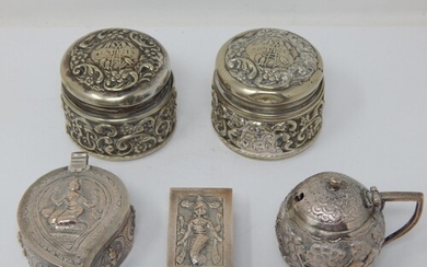 A Group of Oriental White Metal Items Including a Matchbox H...