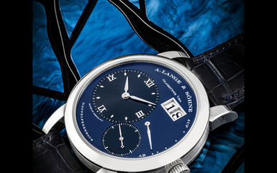 A. LANGE & SÖHNE. A RARE 18K WHITE GOLD WRISTWATCH WITH OVERSIZED DATE, POWER RESERVE INDICATION AND BLUE DIAL LANGE 1 MODEL, REF. 101.027