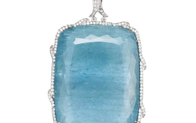 A LARGE AQUAMARINE AND DIAMOND PENDANT set with a cushion cut aquamarine of 346.45 carats in a fr...