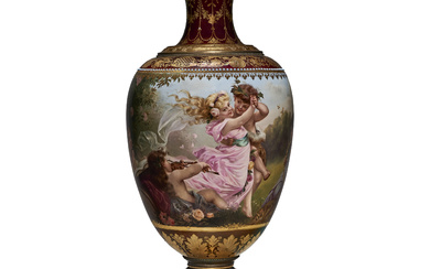 A LARGE BERLIN (OUTSIDE-DECORATED) PORCELAIN 'VIENNA STYLE' IRIDESCENT CLARET GROUND...
