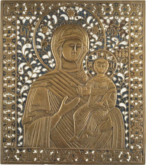 A LARGE BRASS AND ENAMEL ICON SHOWING THE MOTHER OF GOD