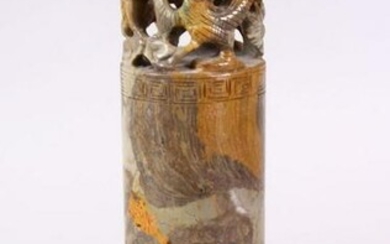 A LARGE CHINESE CARVED SOAPSTONE CYLINDRICAL SEAL WITH