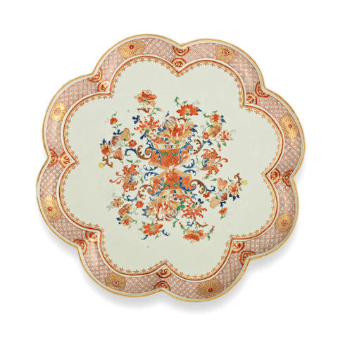 A LARGE FAMILLE ROSE AND ROUGE-DE-FER LOBED DISH