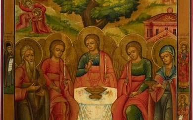 A LARGE ICON SHOWING THE OLD TESTAMENT TRINITY AND THE