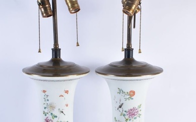 A LARGE PAIR OF EARLY 20TH CENTURY CHINESE PORCELAIN FAMILLE ROSE FLARED LAMPS Guangxu. 58 cm high.