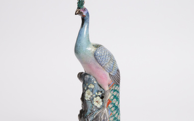 A Large Chinese Export Porcelain Figure of a Peacock, Qing Dynasty