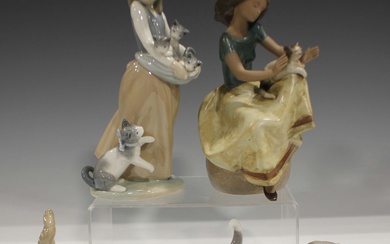 A Lladro gres stoneware figure of a girl with a cat, Repose, No. 2169, a Lladro girl Following Her C
