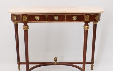 A Louis XVI style walnut, beech wood and marble console tabl...