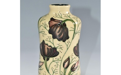 A MOORCROFT POTTERY 'CHOCOLATE COSMOS' PATTERN VASE, of cyli...