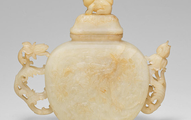 A MUGHAL-STYLE WHITE AND RUSSET JADE EWER AND COVER 18th...