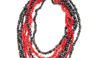 A MULTISTRAND PEARL AND CORAL NECKLACE