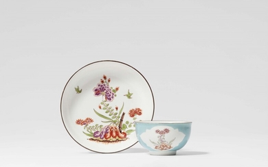A Meissen porcelain tea bowl and saucer with turquoise ground and 'indianische blumen'