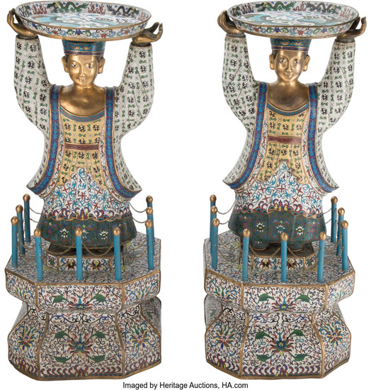 A Monumental Pair of Cloisonne and Gilt Metal Figures of Attendants (late Qing Dynast)