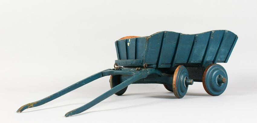 A PAINTED WOOD MODEL OF A HORSE DRAWN CART. 13ins long