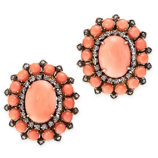 A PAIR OF ANTIQUE CORAL AND DIAMOND EARRINGS in high