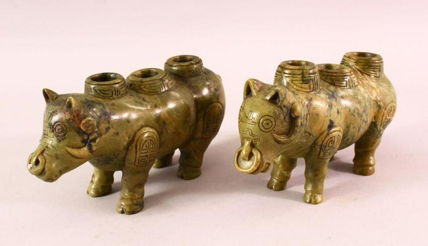 A PAIR OF CHINESE TIBET CARVED SOAPSTONE MYTHICAL BEAST