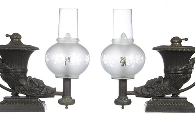 A PAIR OF CLASSICAL REVIVAL DARKLY PATINATED BRONZE OIL LAMPS