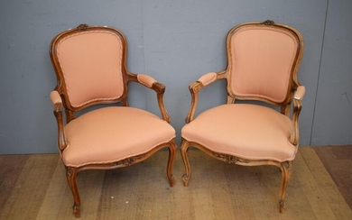 A PAIR OF FRENCH STYLE FAUTEUILS WITH STRIPED UPHOLSTERY (92H x 62W x 62D CM) (LEONARD JOEL DELIVERY SIZE: LARGE)