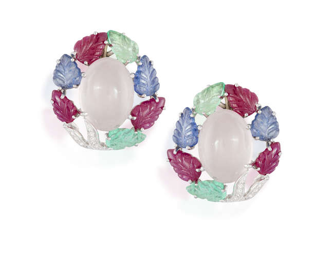 A PAIR OF GEM-SET AND DIAMOND EARRINGS Of...