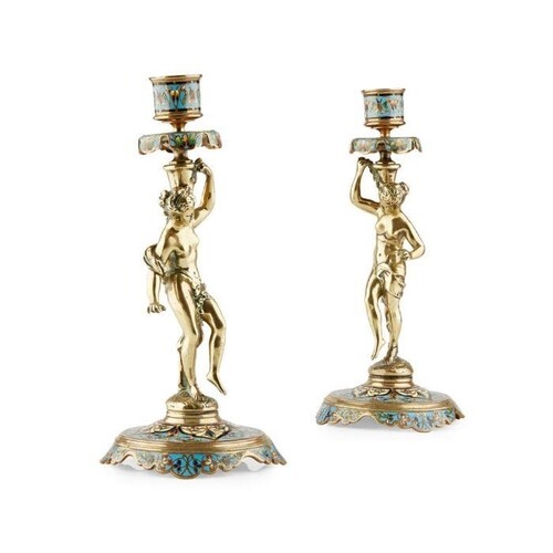 A PAIR OF LATE 19TH CENTURY FRENCH BRONZE AND CHAMPLEVE ENAM...