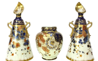 A PAIR OF NAUTILUS PORCELAIN CONICAL VASES ALONG WITH A CROWN DERBY VASE