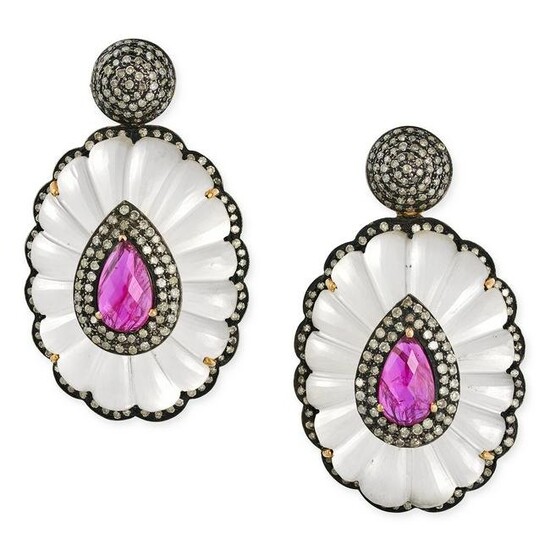 A PAIR OF ROCK CRYSTAL, RUBELITE TOURMALINE, AND DIAMOND EARRINGS in 14 carat yellow and blackened