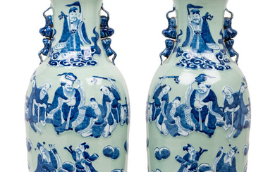 A Pair of Celadon Ground Underglaze Blue Porcelain 'Eight Immortals' Baluster Vases