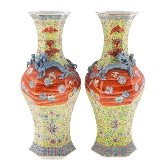 A Pair of Chinese Export Famille Jaune Paneled Vases