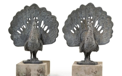 A Pair of Lead Figures of Peacocks Height overall 28