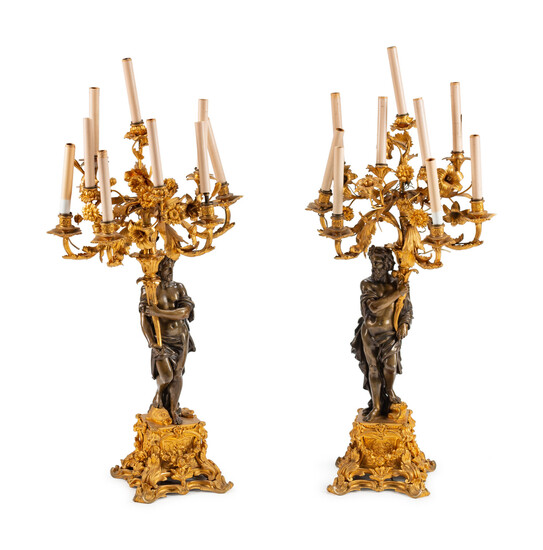 A Pair of Parcel-Gilt and Patinated Bronze Figural Eight-Light Candelabra
