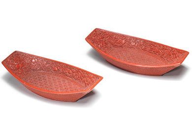 A RARE PAIR OF CINNABAR LACQUER CARVED BOAT-SHAPED DISHES