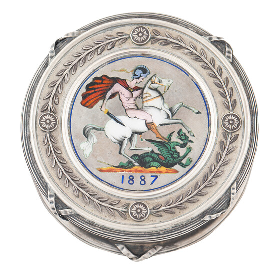 A RUSSIAN SILVER AND ENAMEL 'ST. GEORGE SLAYING THE DRAGON' PILL BOX, AFTER 1887