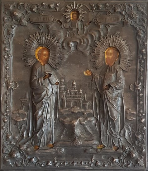 A Russian Icon of Apostles St. Peter and St. Paul, with Silver Oklad by Alexey Frolov, Moscow 1857.