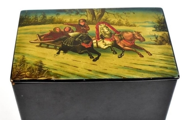 A Russian papier-mÃ¢chÃ© rectangular tea caddy, the lid decorated...